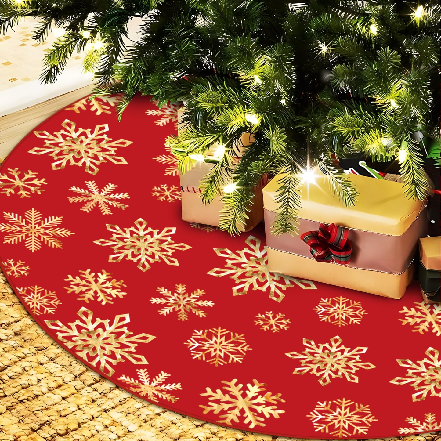 48 Inch Christmas Snowflake Tree Skirt Gold Snowflake Red Christmas Tree Skirt Large Red Round Xmas Trees Mat with Gold Snowflakes for Winter Holiday New Year Party Xmas Trees Home Decor