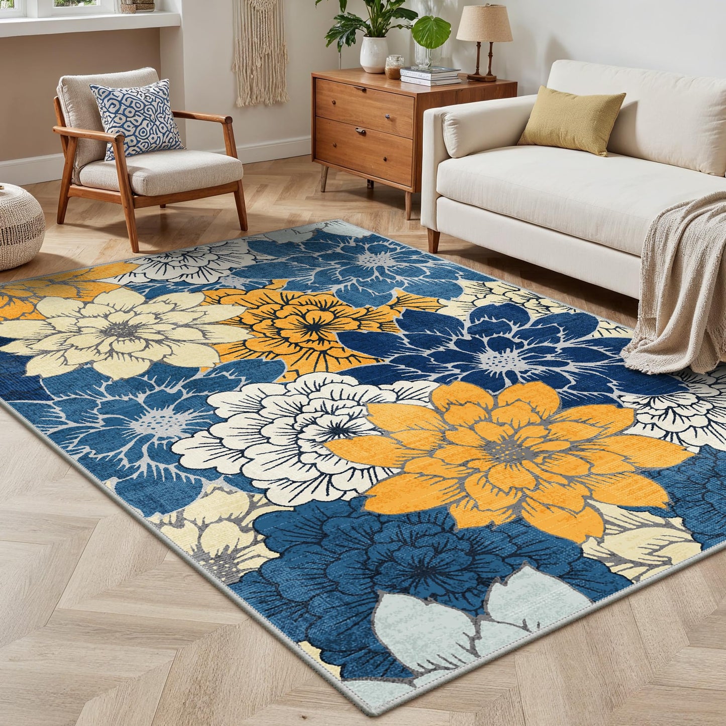 GENIMO Indoor Outdoor Area Rug 5'x7', Machine Washable Rugs for Patio, Waterproof, Non-Slip Easy Cleaning Floral Outdoor Mat Carpet for Living Room, RV, Balcony, Deck, Camping, Blue Yellow