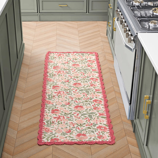 Laura Ashley Cotton Crochet Border Sherston Coral Pink Floral Machine Washable & Slip Resistant 1'8" x 5' Runner Rug