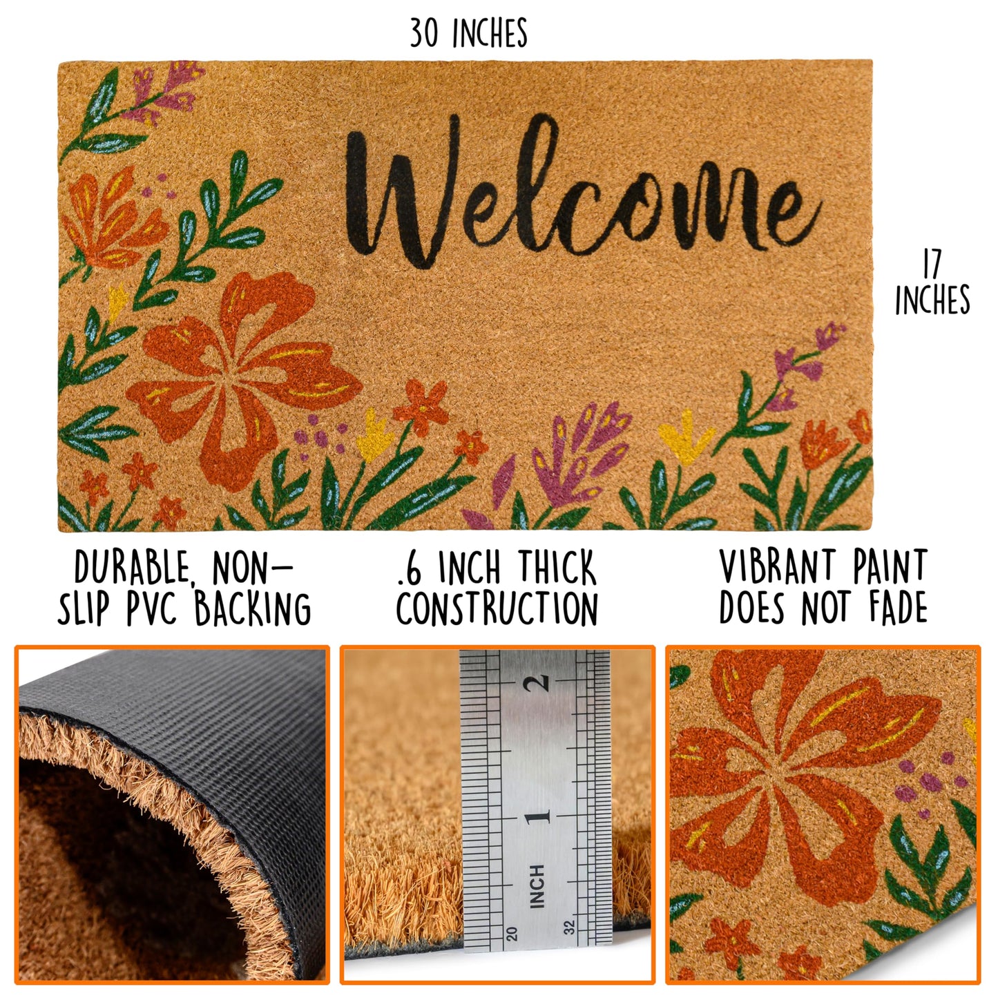 MAINEVENT Flower Door Mat 30x17 Inch, Spring Doormat for Front Door, Summer Door Mat for Covered Outdoor Areas, w/Non-Slip PVC Backing