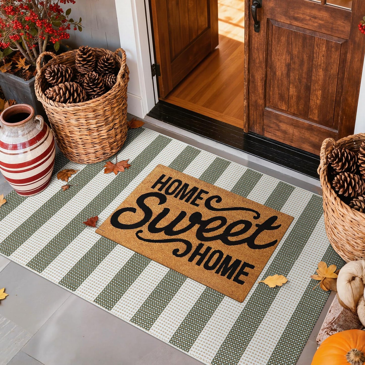 Sungea Striped Outdoor Rug 3x5, Boho Washable Front Porch Rug Cotton Hand Woven Outside Door Mats,Foldable Layered Doormat for Farmhouse/Entryway/Home Entrance(Green and White)