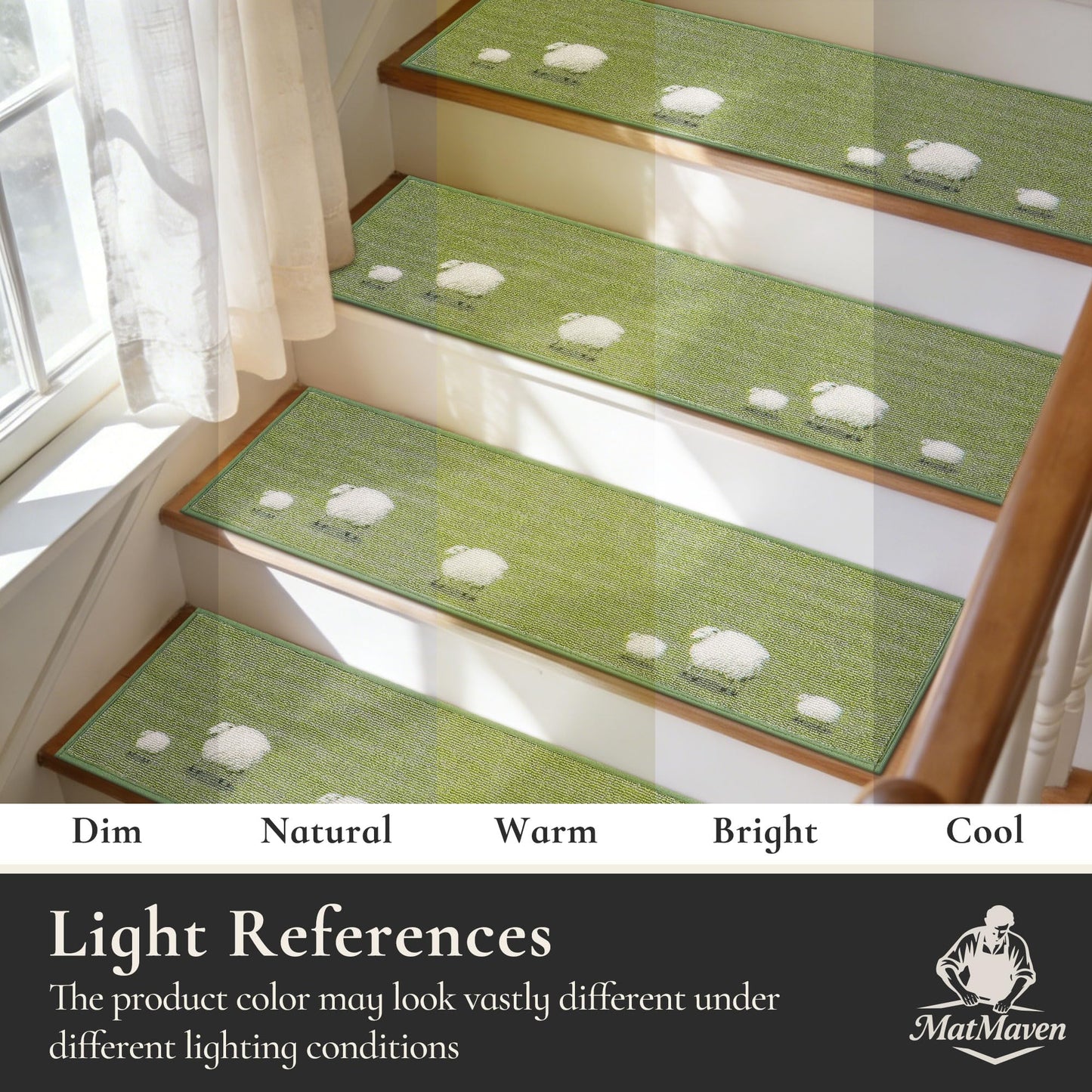 MatMaven Stair Treads for Wooden Steps Indoor,4 Pack 8"x30" Non Slip Machine Washable Carpet Stair Treads,Stair Runner Rugs with Peel & Stick Reusable TPE Backing for Kids Elders & Pets,Green(Sheep)