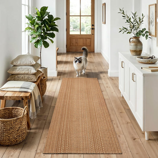 MatEssenz 2x6 Washable Runner Rug, Textured Natural Woven Low-Profile Hallway Runner with Non-Slip Backing, Neutral Brown, for Kitchen, Laundry Room, Entryway