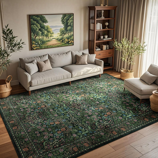 Othilic Floral 5x8 Living Room Area Rug - Moss Green Soft Washable Boho Rugs for Bedroom Aesthetic Stain Resistant Floor Carpet Non Slip Vintage Farmhouse Rugs for Living Room Dining Room Home Office