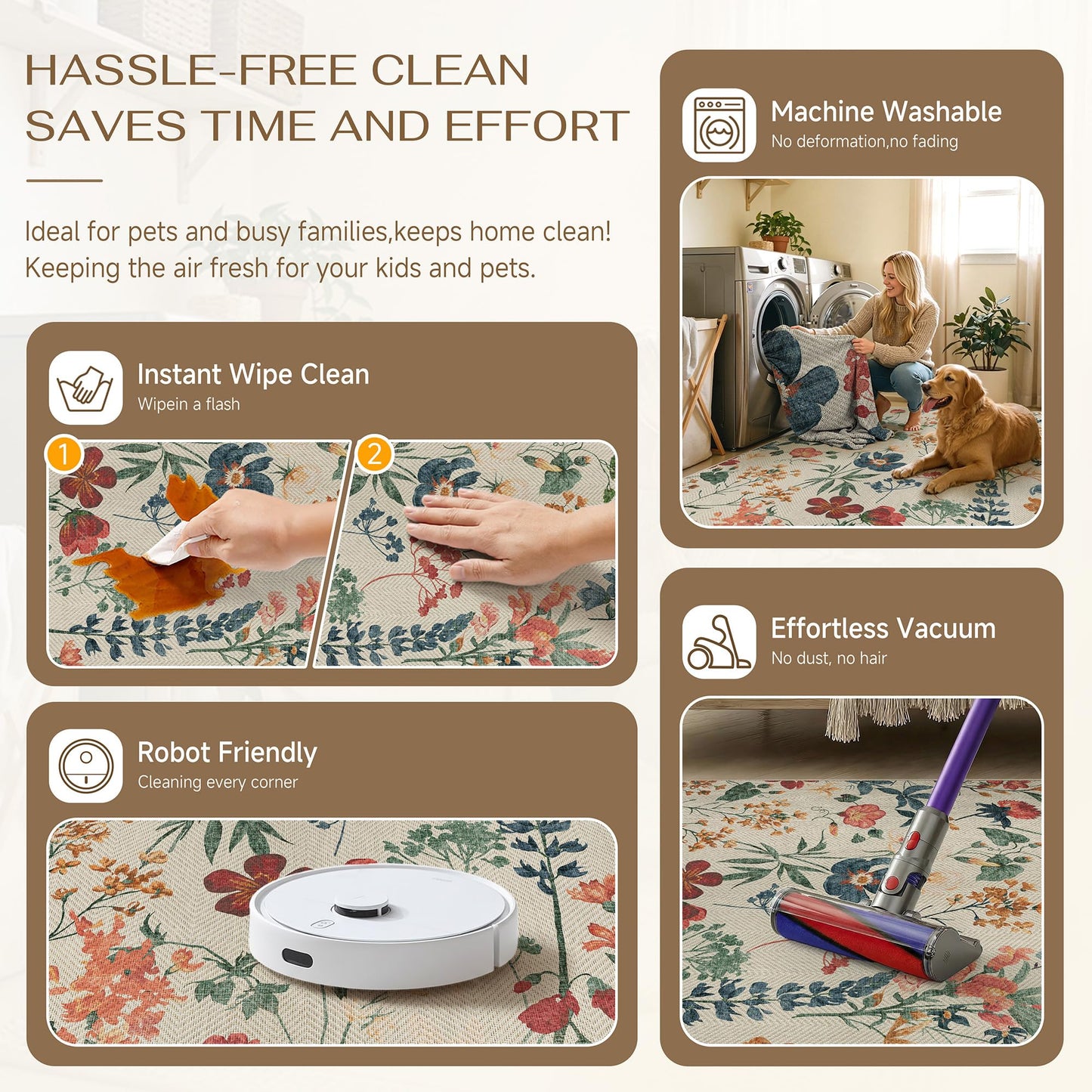 PureCozy Floral Easy Jute Rug 8x10 Living Room Bedroom Carpet Washable Large Non Slip Indoor Farmhouse Non Shedding Herringbone Rug for Dining Room Office