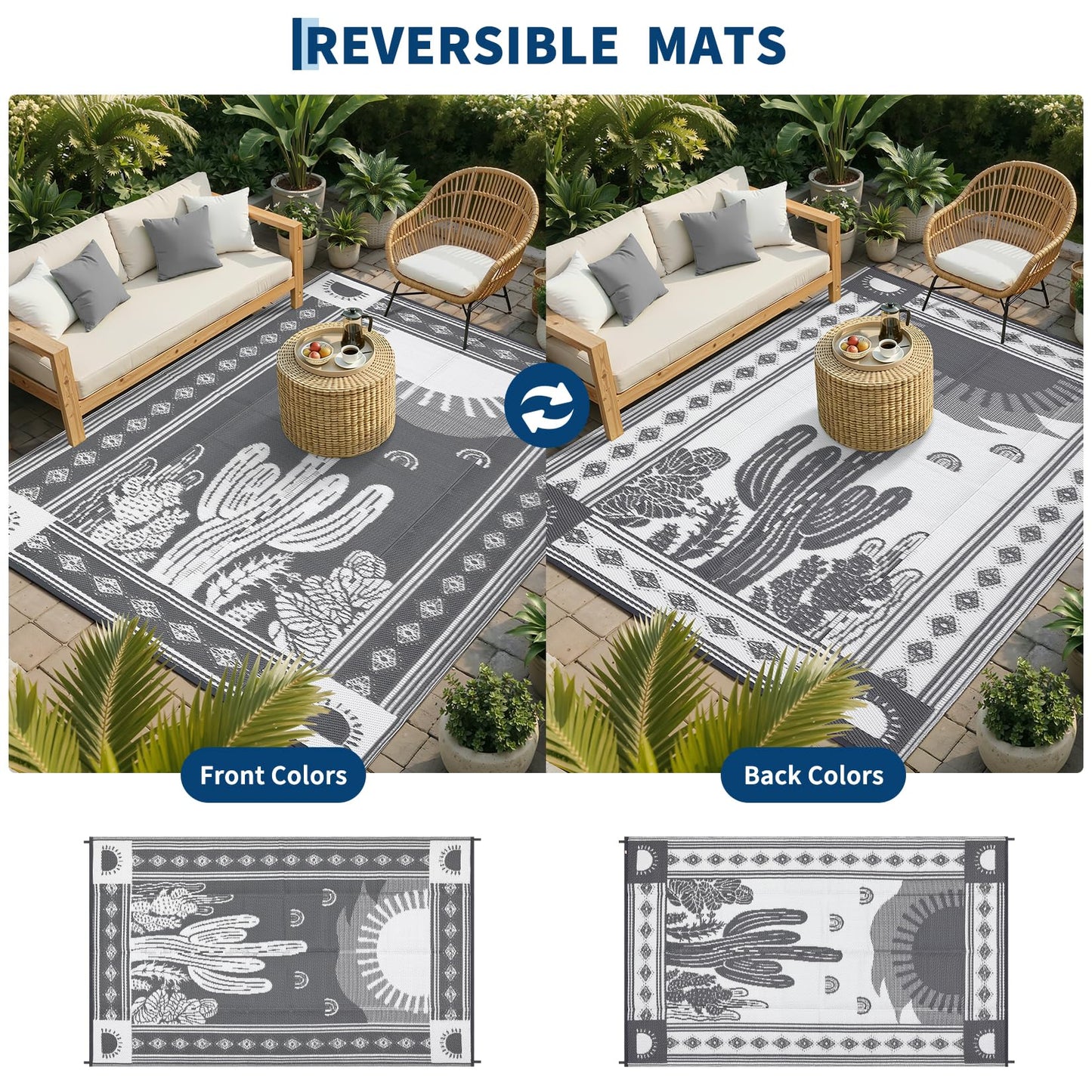 Garvee Waterproof Outdoor Rug 5x8, Cactus Botanical Outdoor Plastic Straw Rug for Camping, Reversible RV Mat Outside, Indoor Outdoor Carpet for Porch, Deck, Backyard, Balcony, Picnic, Grey
