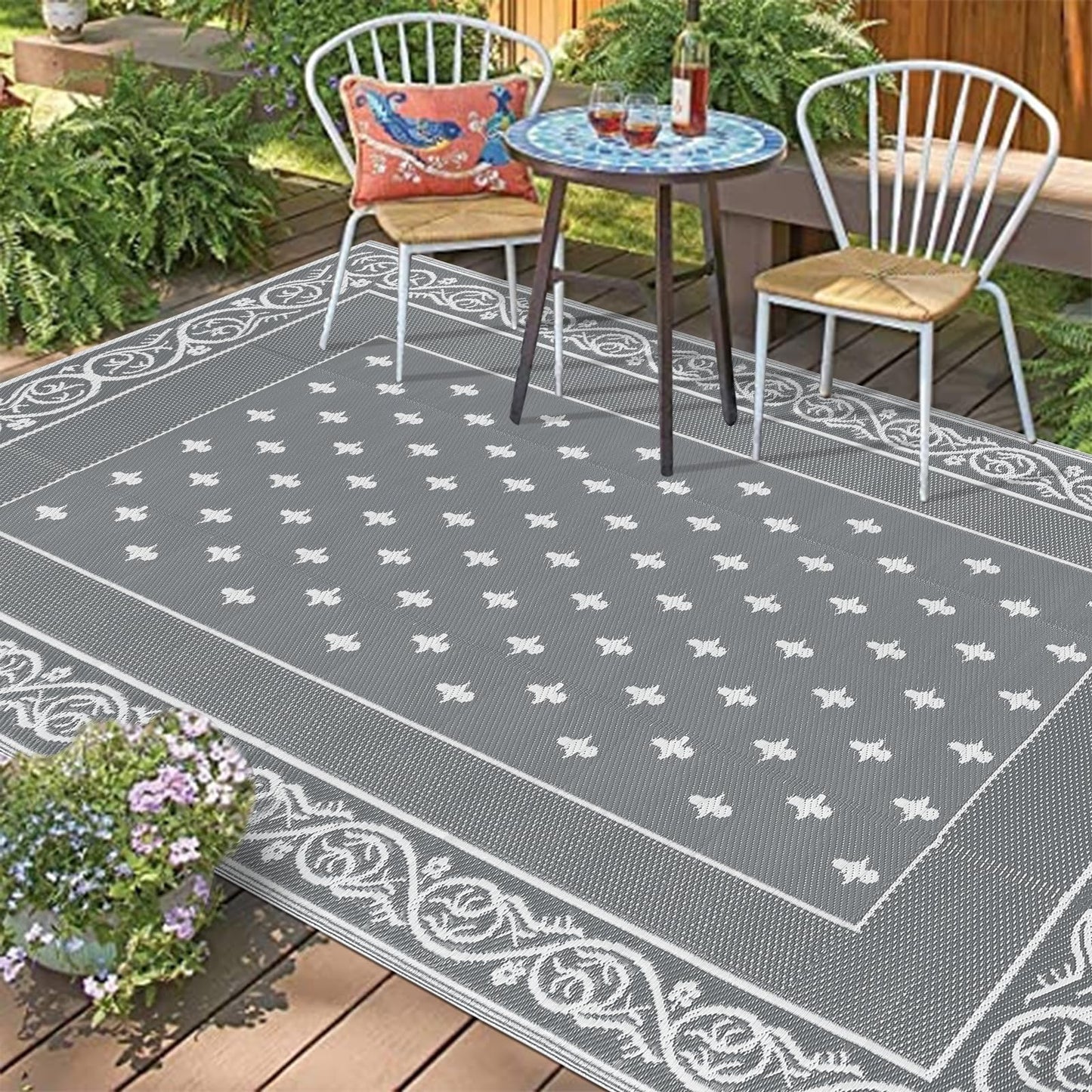 Pauwer Waterproof Outdoor Rug 9x12, Reversible Plastic Straw Patio Camping Rug, Indoor Outdoor RV Mat Carpet for Deck, Camper, Porch, Balcony, Backyard, Picnic, Bordered Grey