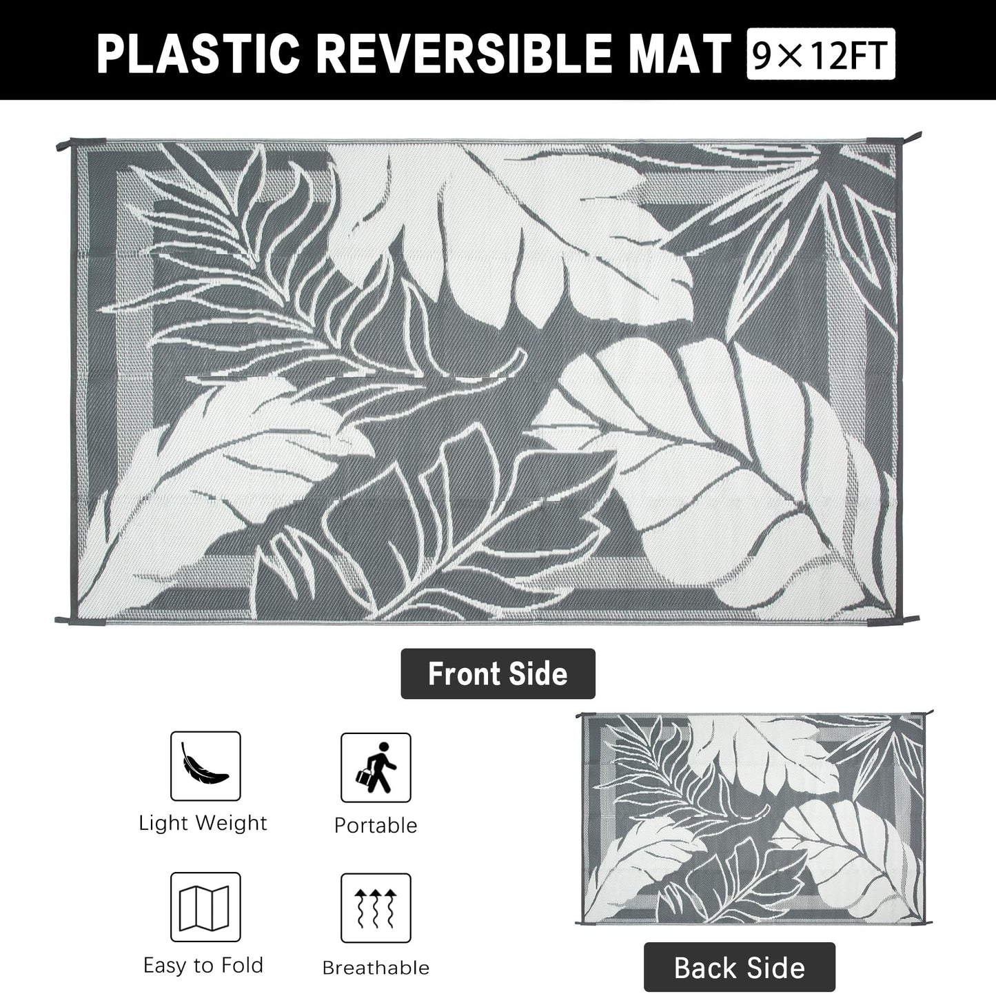 HUGEAR 9'x12' Outdoor Rug Waterproof Plastic Straw Rugs Large Grey Reversible Olive Leaf Mat Floor Carpet for Camping RV Deck Entryance Porch Picnic Balcony Beach Backyard