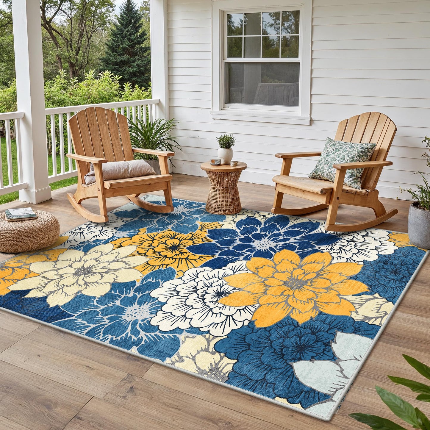 GENIMO Indoor Outdoor Area Rug 5'x7', Machine Washable Rugs for Patio, Waterproof, Non-Slip Easy Cleaning Floral Outdoor Mat Carpet for Living Room, RV, Balcony, Deck, Camping, Blue Yellow