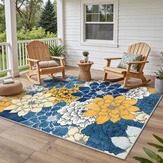 GENIMO Indoor Outdoor Area Rug 5'x7', Machine Washable Rugs for Patio, Waterproof, Non-Slip Easy Cleaning Floral Outdoor Mat Carpet for Living Room, RV, Balcony, Deck, Camping, Blue Yellow
