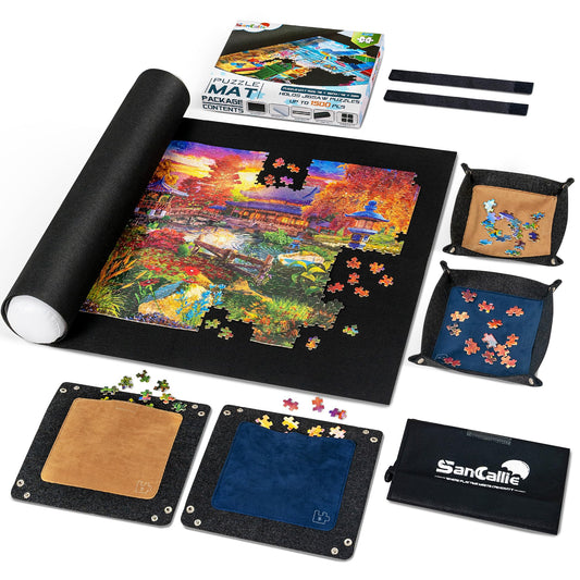 Sancallie Large Puzzle Mat Roll Up, Jigsaw Storage 46"x26" Felt Mat, Jigroll Up to 1500, 1000, 500 Pieces with 4 Puzzle Trays, Material for Jigsaw Puzzle Player, Box with Drawstring Storage Bag