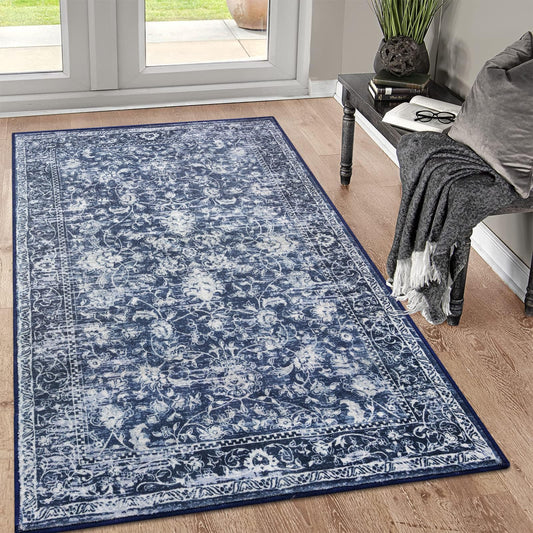 KILOCOCO Area Rug 3x5 Washable Entryway Rug Printed Vintage Floral Rubber Backed Non Slip Indoor Blue Kitchen Rugs for Living Room Laundry Room Playroom Mudroom Moroccan Area Rugs