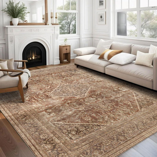 vivorug 8x10 Area Rugs for Living Room, Non-Slip Backing Washable Rug 8x10, Large Area Rug Soft Carpet for Bedroom Dining Room, Vintage, Easy Clean, Durable, Low Pile Rug Under Table, Earth Tone