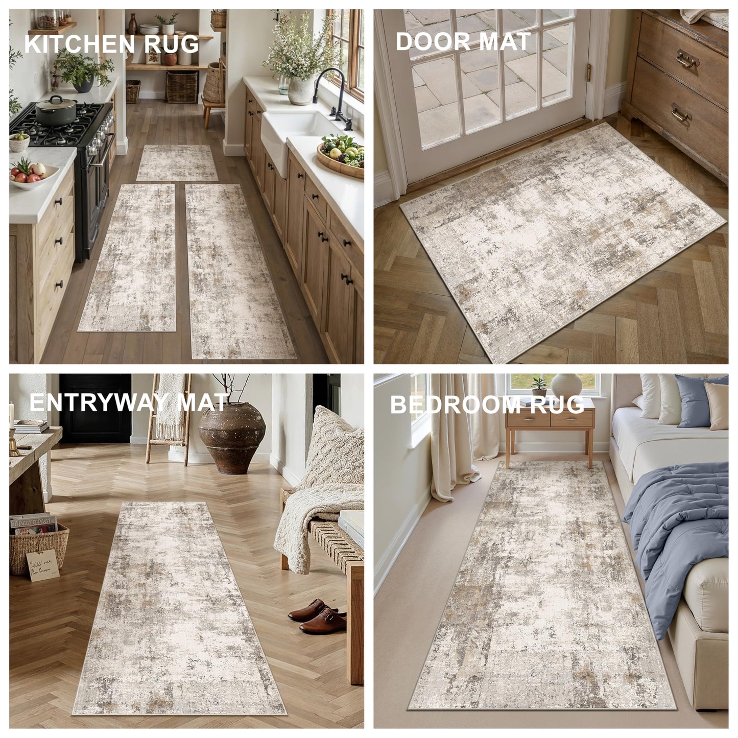 WondRg Kitchen Rug Set of 3 Washable Brown Grey Abstract Kitchen Mats for Floor Non-Slip Kitchen Runner Rug Soft Low Pile for for Bathroom Laundry Hallway Sink Entryway
