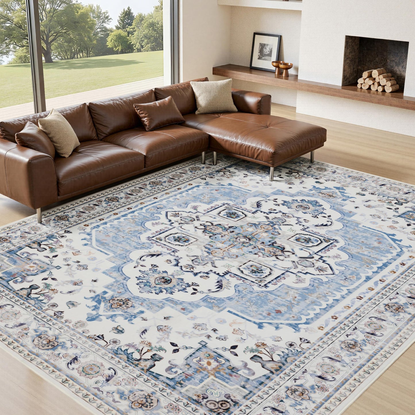 KENODITAN 9x12 Area Rug Living Room Rugs, Stain Resistant Washable Rug, Vintage Large Non-Slip Backing, Low Pile Lightweight Print Rug for Bedroom Dinning Room Home Office (White/Blue)
