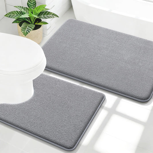 OLANLY Bathroom Rugs Sets 2 Piece, Soft Absorbent Memory Foam Bath Mats and U-Shaped Toilet Rug Set, Machine Washable Bath Mats for Bathroom, Home Decor Accessories (30"x20"+24"x20", Grey)