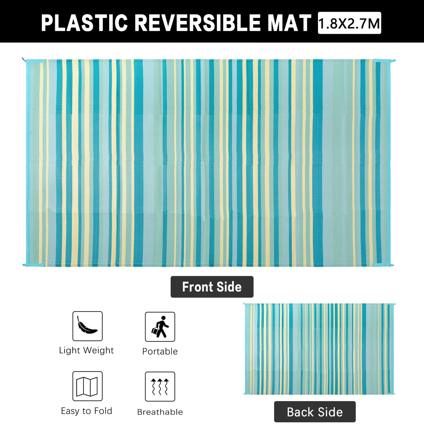 WondRg Outdoor Plastic Straw Rug Waterproof Patio 6x9 Teal Yellow Stripe Mat for Porch Camping RV Balcony Deck Courtyard Reversible Lightweight Durable Portable Carpet