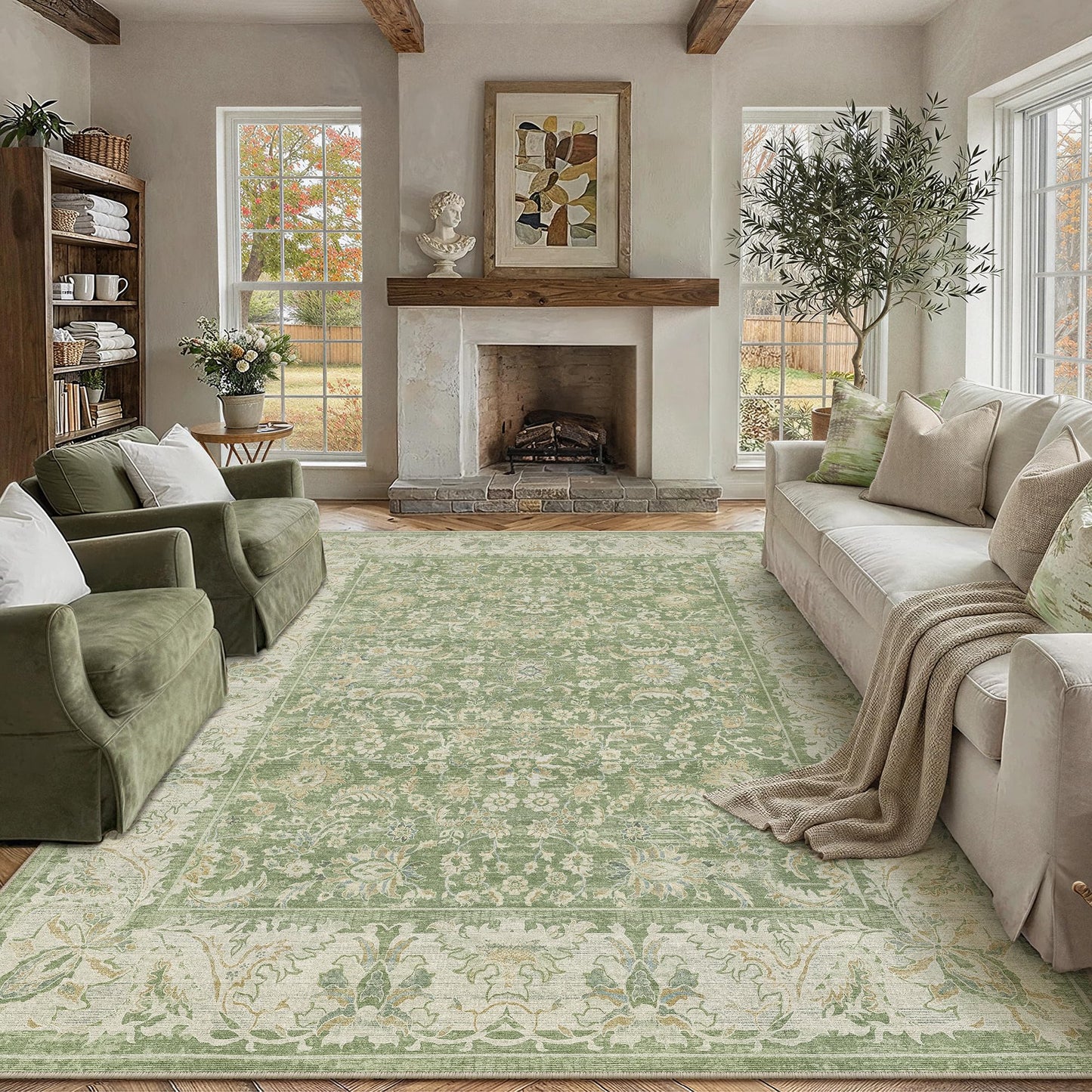 WondRg 6x9 Washable Area Rug for Living Room Bedroom Green Low Pile Non Slip Rug Neutral Distressed Carpet Dining Room Classroom Playroom Home Decor