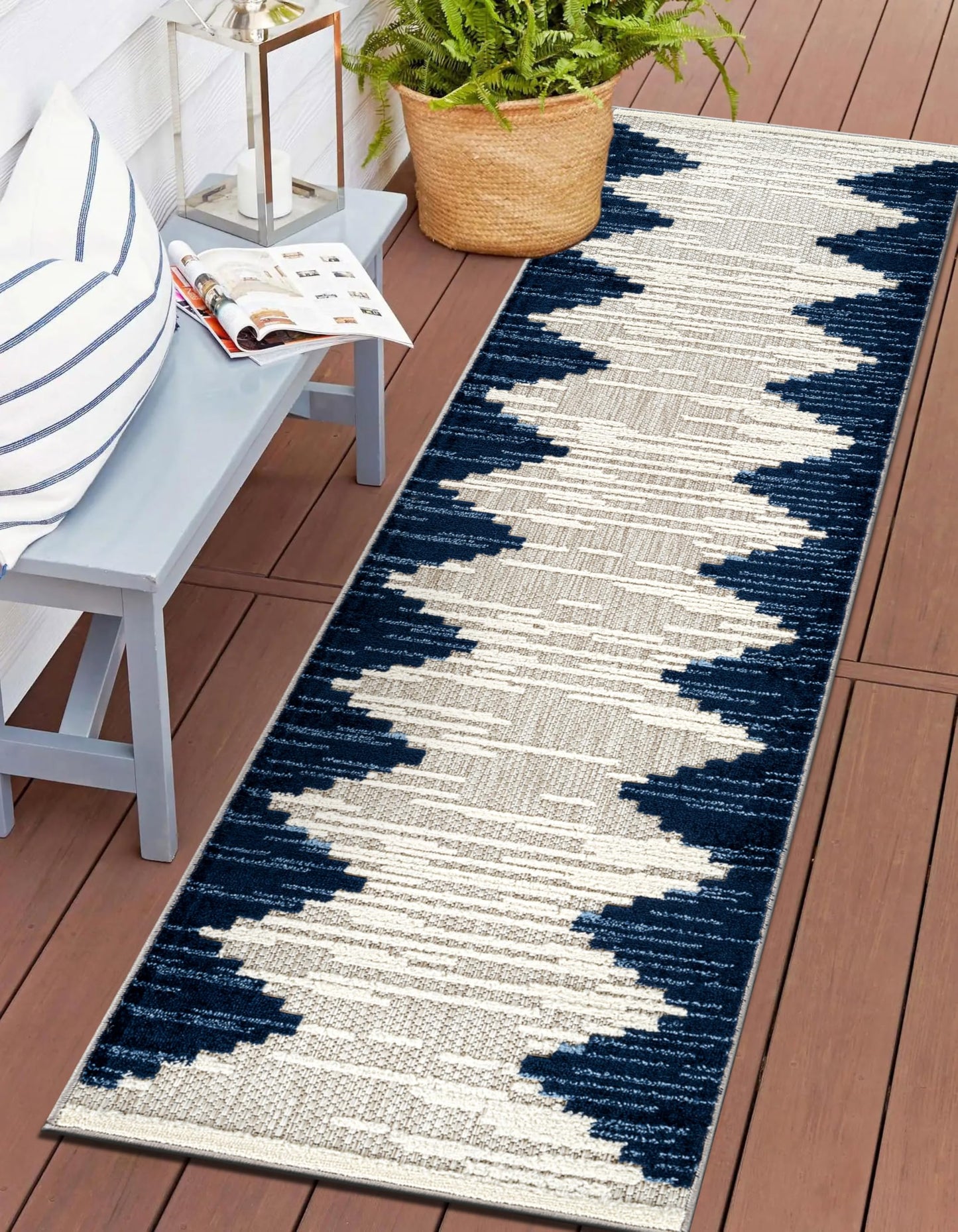 Rugshop Indoor/Outdoor High-Low Textured Runner Rug, Geometric Bohemian, Easy-Clean Patio Rug for Porch Deck Balcony 2' x 7' Dark Blue