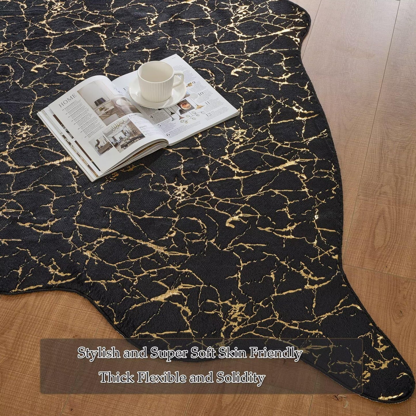 Premium Faux Fur Cowhide Rug,Large Carpet Non-Slip Cow Print Rugs,Suitable for Bedroom Living Room Western Decor,Faux Fur Animal Cow Hide Carpet-Black and Gold-6.3 * 9FT(75 * 110inch)