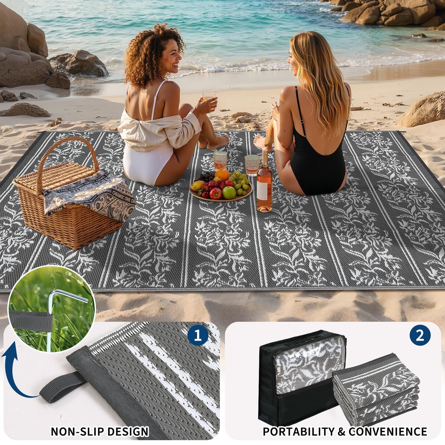 GarveeHome Outdoor Rug 9x12 Waterproof for Patio, Reversible Outdoor Plastic Straw Rug, Wallpaper Flower Indoor Outdoor Mat Carpet for RV, Camping, Deck, Backyard, Picnic, GreyWhite