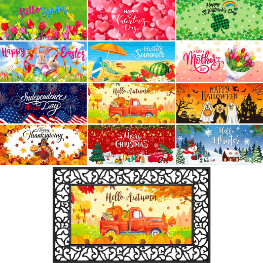 Klyyo Clyro 12 Pcs Seasonal Doormat Inserts, 10x22 Inch Interchangeable Door Mat for Front Door Holiday Welcome Doormat Set No Frame, Non Slip Mats for Summer 4th of July, Holiday Decor