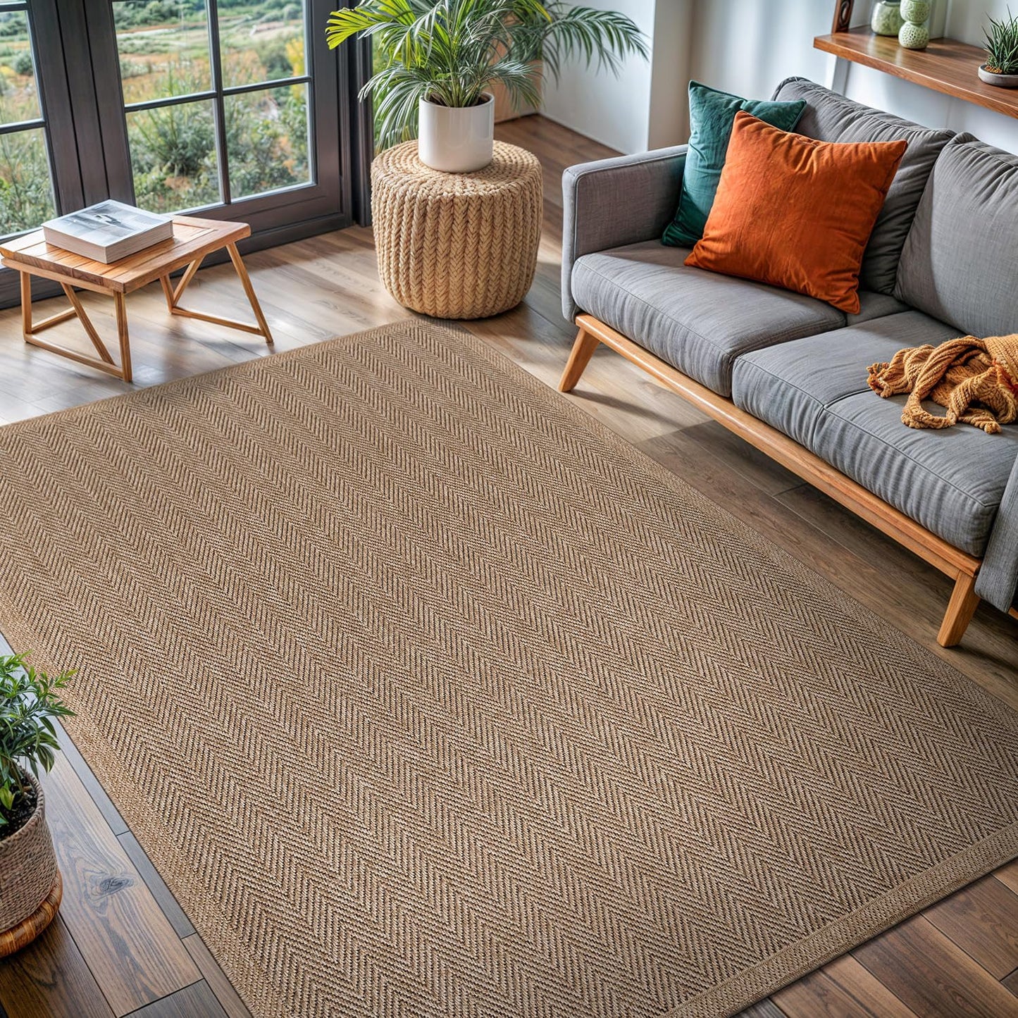 CAMILSON Easy Jute Rug 4x6, Indoor Outdoor Natural Color Fiber Area Rugs for Living Room Patio and Kitchen Rug Herringbone Seagrass Woven Design Easy - Cleaning Washable Outside Carpet Alfombras 4 x 6