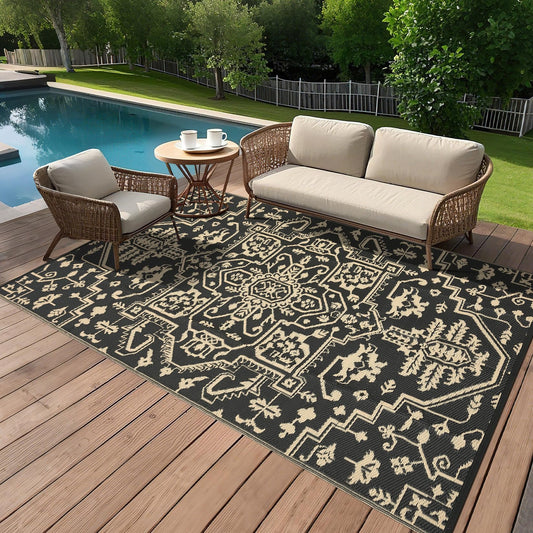 GAOMON 9x18 Outdoor Rug Waterproof for Patio Picnic Non Shedding Plastic Straw Reversible Large Outdoor Rug for Pool Trailer RV Portable Boho Vintage Floral Carpet Outside Decor, Black Brown
