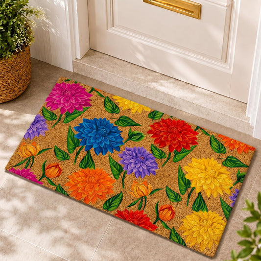 Klyyo Clyro Colorful Dahlia Coir Doormat 30" x 17" Natural Fibers Outdoor Welcome Mat with Bright Floral, Modern Sturdy PVC Backing Rug for Front Door, Patio & Garden Entryway
