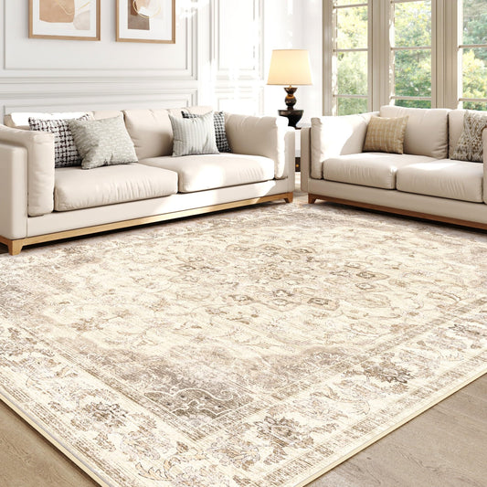 ARKIIKI 8x10 Washable Area Rug for Living Room, Non-Slip Soft Boho Vintage Medallion Carpet, Low Pile Distressed Rugs for Bedroom, Dining Room, Home Office, Dorm, Indoor Decor, Beige