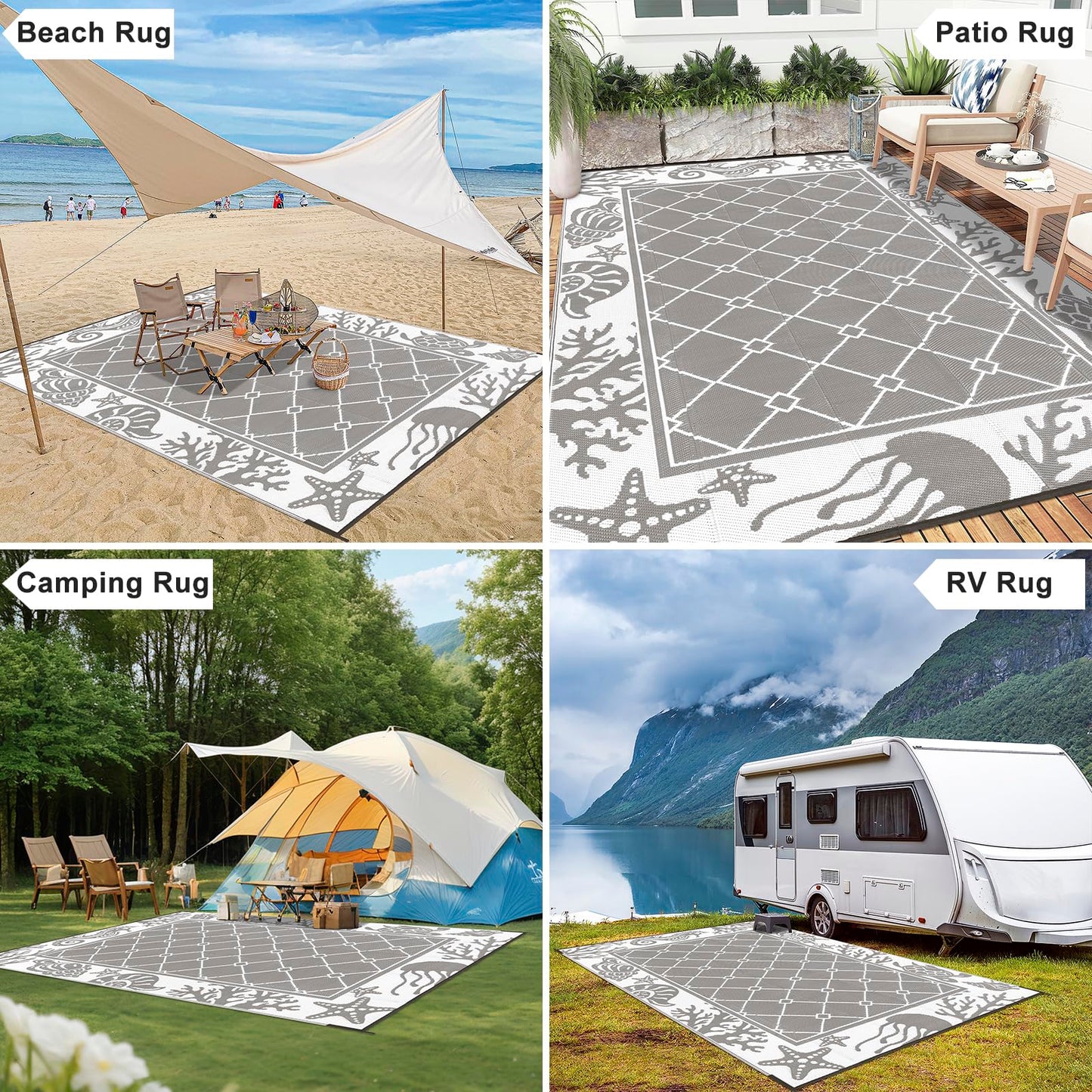Vaukki Reversible Rugs, Plastic Straw Outdoor Doormat, Fade Resistant Plastic Outdoor Patio Mat, Lightweight Ocean Area Carpet for Patio, RV, Camping, Beach, Deck, Backyard and Picnic (Grey, 6'x9')