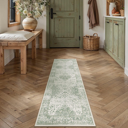 HUGEAR Green 2x6 Runner Rugs Washable for Hallway Soft Vintage Rug Carpet Non-Shedding & Non-Slip Indoor Home Decor Living Room Bedroom Dining Room Laundry Kitchen Low Pile Floor Mat