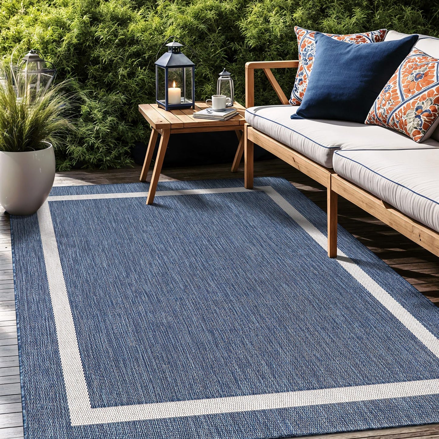 Luul Home Bordered Outdoor Rug 6x9 Washable Outside Carpet for Indoor Patio Porch Waterproof Easy Cleaning Non Shedding Area Rugs Blue 6 x 9