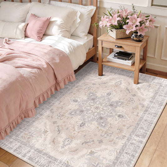 TTelephant 4x6 Bedroom Rug, Soft Non-Slip Vintage Medallion Rug, Low-Pile Printed Indoor 4x6 Washable Area Rugs for Living Room, Bedroom Bedside -Light Blush/Cream