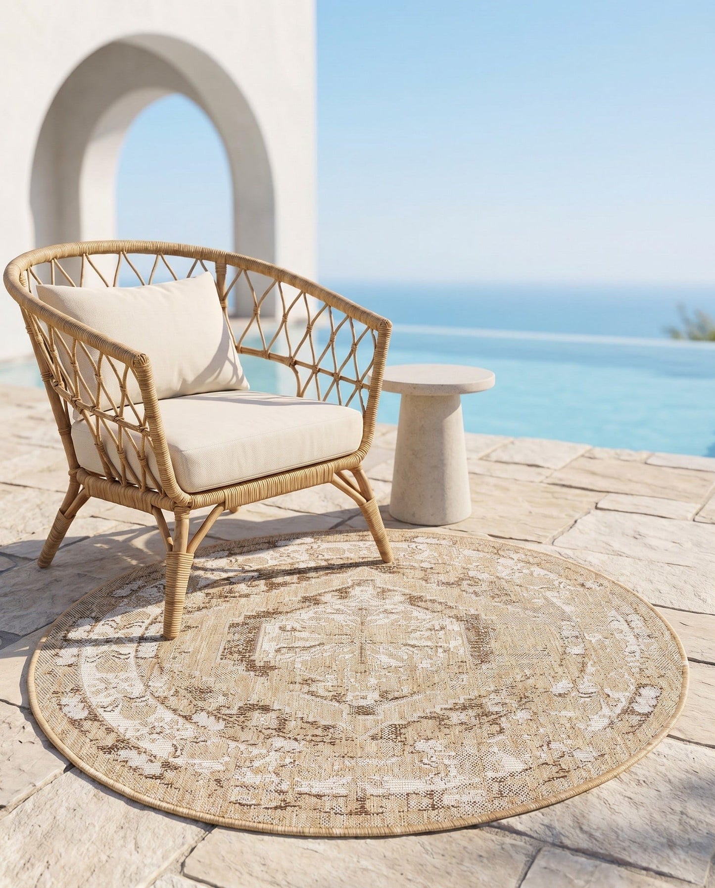 Rugs.com Outdoor Traditional Collection Rug – 4 Ft Round Natural Flatweave-Pile Rug Perfect for Kitchens, Dining Rooms