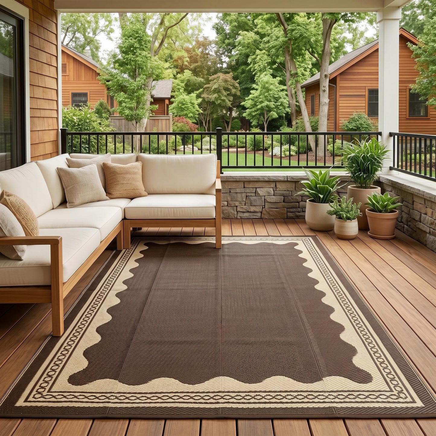 Garvee Outdoor Rug 5x8 Scalloped Waterproof Patio RV Outdoor Rugs Reversible Foldable Plastic Straw Rug Modern Camping Carpet for Deck Camper Porch Balcony Backyard Picnic Beach Brown