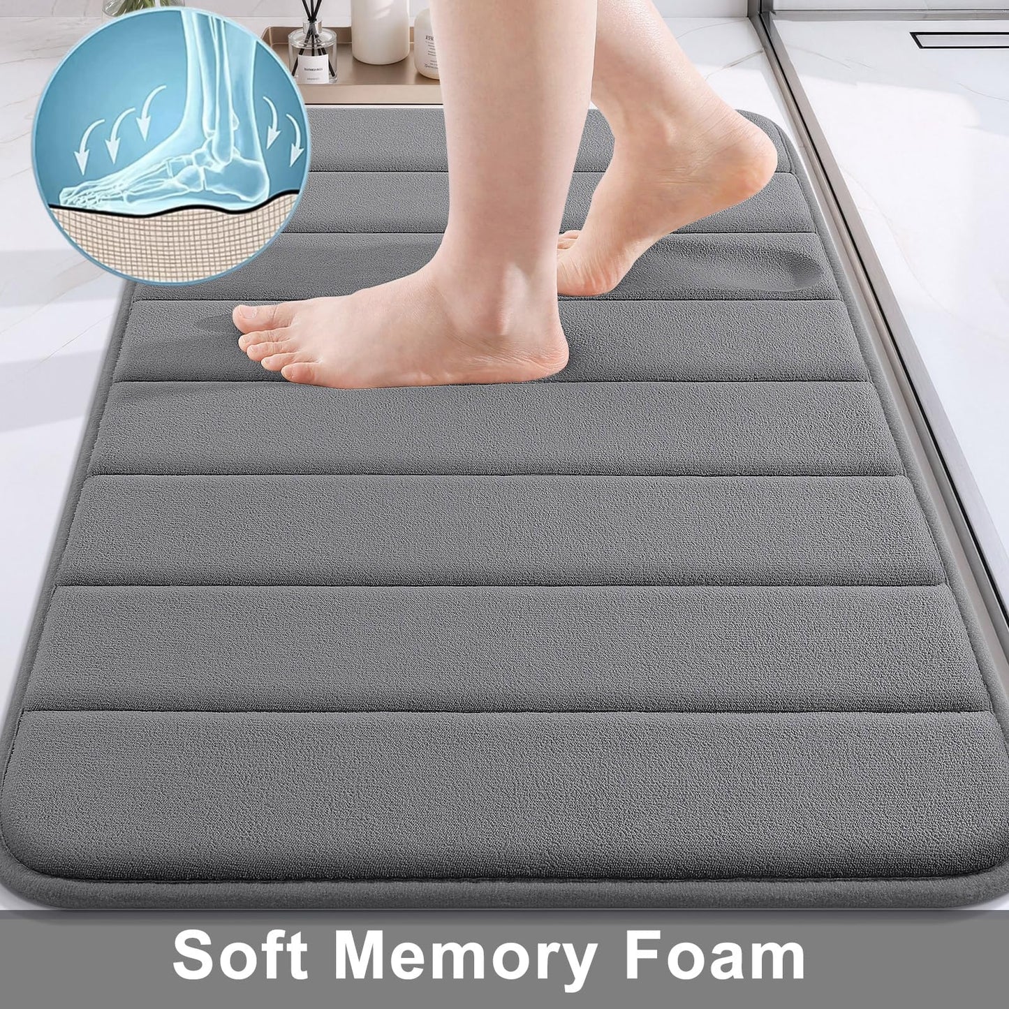 Buganda Memory Foam Bath Mat, 47" x 32", Ultra Soft and Non-Slip Bathroom Rugs, Water Absorbent and Machine Washable Bath Rug Runner for Bathroom, Shower, and Tub, Grey
