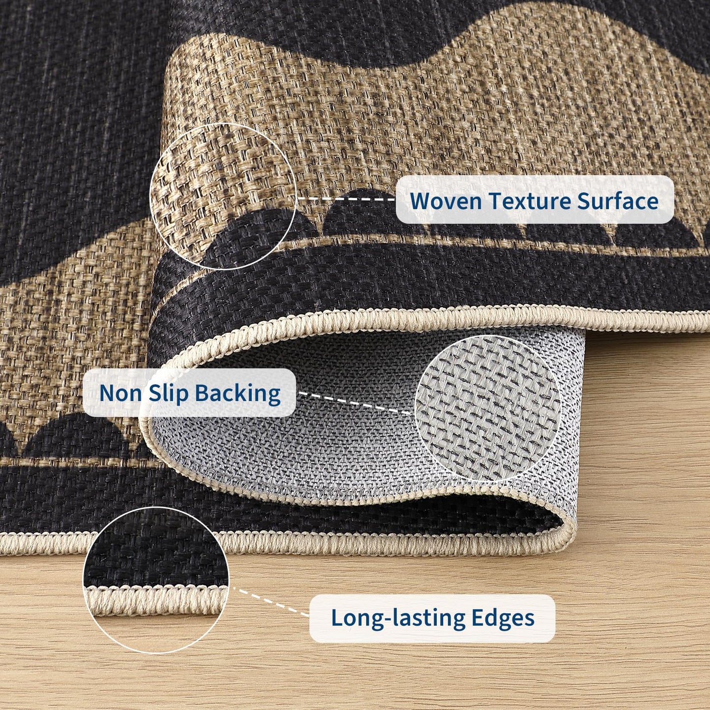 Garvee 8x10 Scalloped Easy Jute Area Rugs for Living Room, Modern Border Washable Outdoor Patio Rug with Non Slip Backing, Non Shedding Stain Resistant Mats for Bedroom, Dining Room, Porch, Black