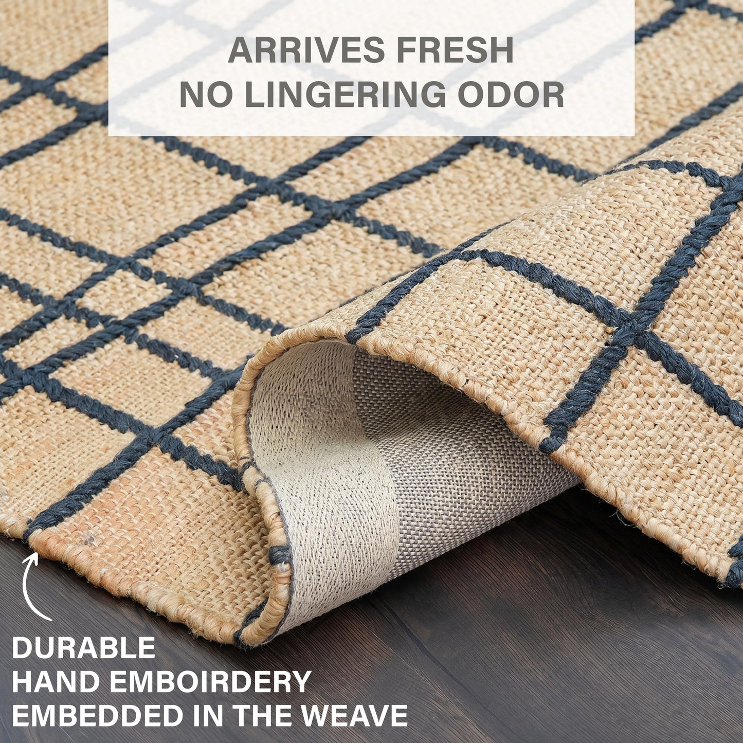 Homespice Nell Jute Plaid Area Rug 4x6' - Cotton Backed Premium Handmade Jute Geometric Area Rug for Bedroom and Office, Lays Flat, Won't Fray or Shed, Rich Natural Brown & Black Windowpane