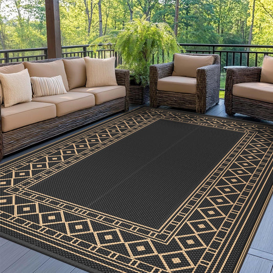 GENIMO Outdoor Rug Waterproof 6'x9' for Patio, Foldable Reversible Plastic Straw Carpet for Travel Trailers, Outside Area Mat for Rv, Deck, Picnic, Porch, Camper, Balcony, Beach, Black & Brown