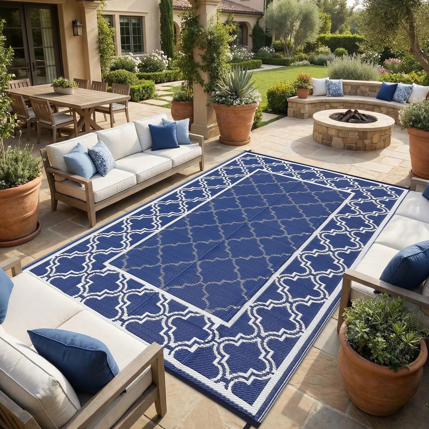 Garvee Reversible Outdoor Rug 9x12, Waterproof Outdoor Plastic Straw Rug with Interlacing Pattern, RV Mat for Picnics, Patio, Camping, Balcony, Deck, Backyard, Porch, Blue