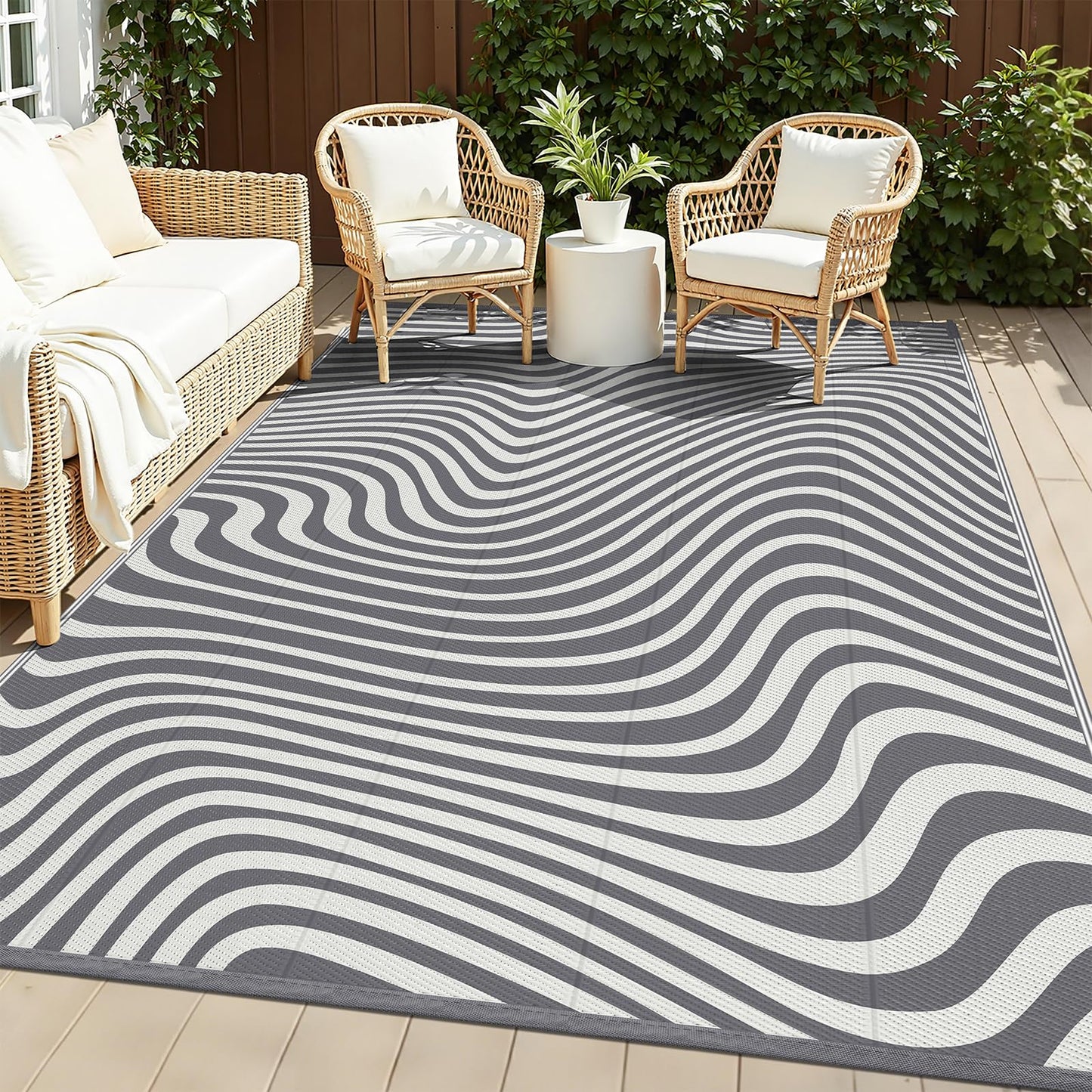Vaukki Outdoor Patio Rug 5x8, Waterproof Woven Plastic Straw Camping Area Mat, Grey RV Striped Outside Reversible Carpet Clearance for Porch Backyard Deck Balcony