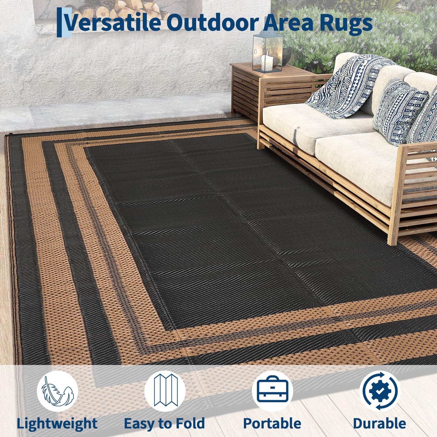 GAOMON 9x18 Plastic Straw Rug Outdoor Rugs for Patio Waterproof Reversible Mat Modern Bordered Camping Rug for Porch RV Backyard Pool Deck Picnic Beach Trailer Border-Black/Brown