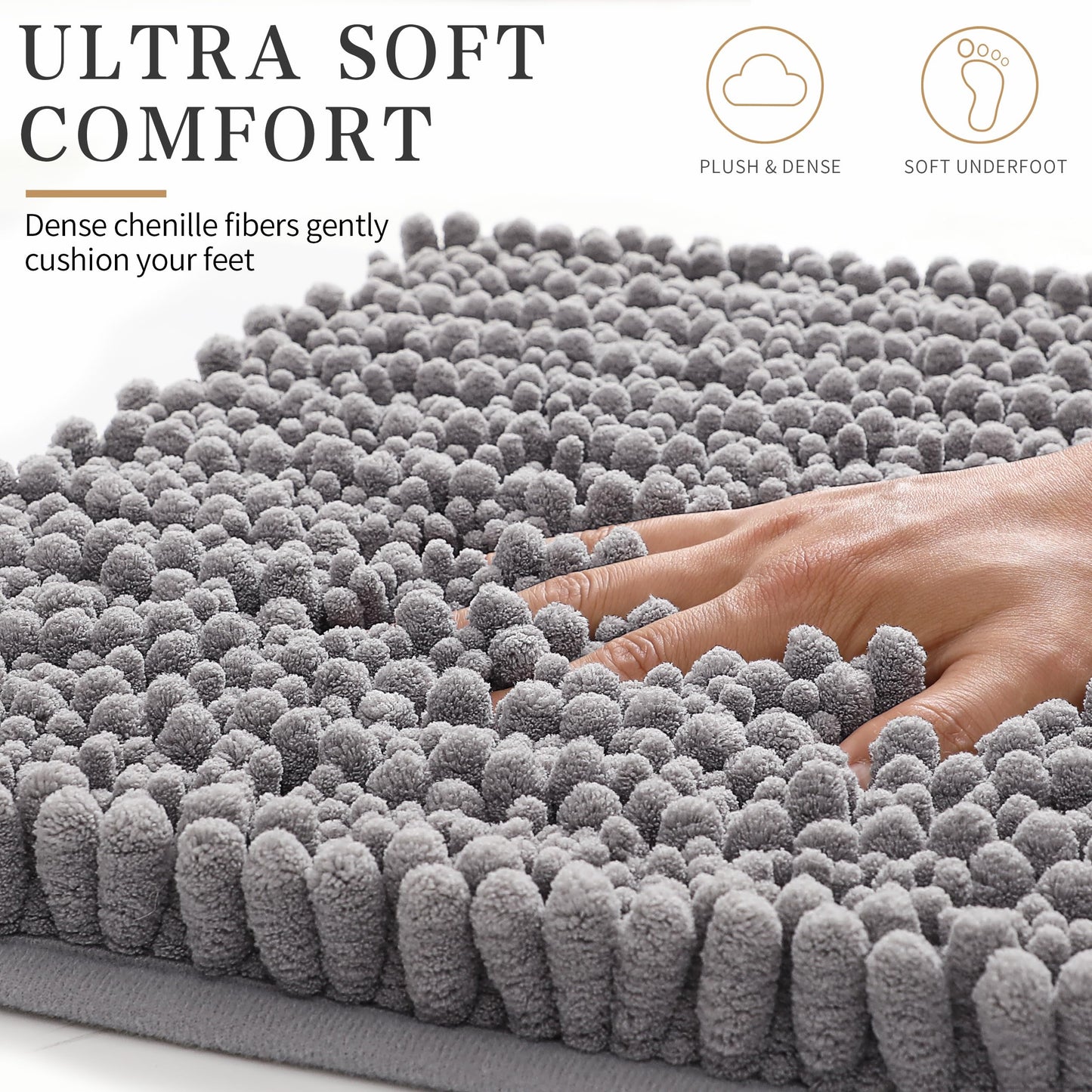 Yimobra Bathroom Rugs Non-Slip Washable – Extra Soft & Absorbent Chenille Bath Mat, Quick-Dry Plush Shaggy Floor & Vanity Bath Rugs for Tub & Shower, Modern Home Decor Accessories, 24 x 17, Grey