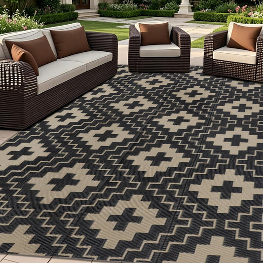 SAND MINE Waterproof Outdoor Rug 5x8 ft, Reversible Plastic Straw Area Rug, Large Floor Mat for Patio, Backyard, Deck, RV, Camping, Picnic, Beach, Balcony & Porch - Black & Beige