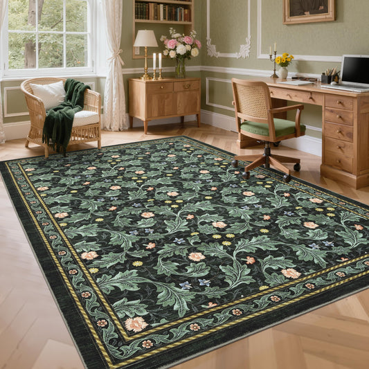GarveeHome Floral Boho Rugs for Bedroom, Vintage 6x9 Area Rugs for Living Room with Soft Low Pile, Non Slip Leaf Washable Rug 6x9 for Farmhouse Stain Resistant Green Carpet for Dining Room Office