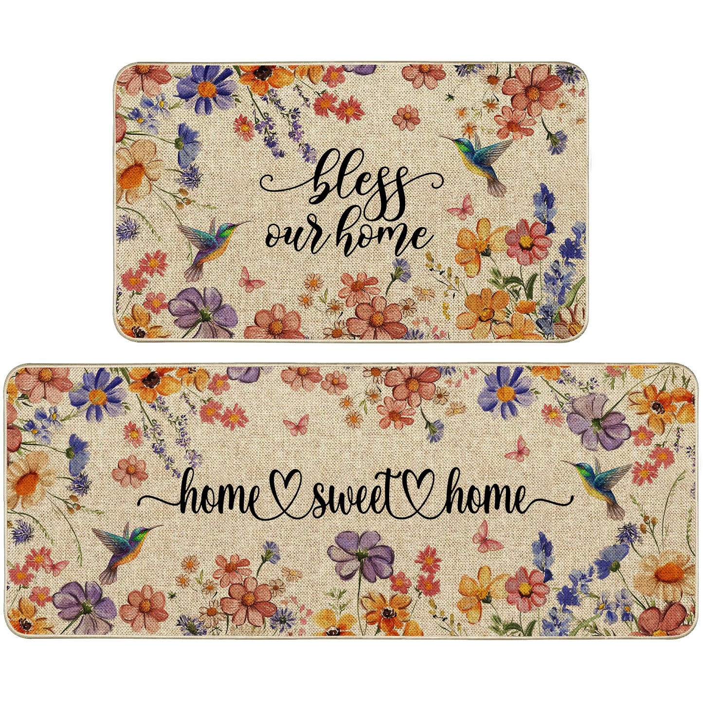 Wylumen Flower Spring Kitchen Mats for Floor Set of 2, Wildflower Summer Floor Mats, Non Slip Rubber Backing Kitchen Floor Mat and Rug Set for Kitchen Sink, Office, Laundry