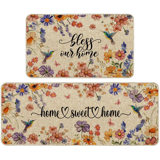 Wylumen Flower Spring Kitchen Mats for Floor Set of 2, Wildflower Summer Floor Mats, Non Slip Rubber Backing Kitchen Floor Mat and Rug Set for Kitchen Sink, Office, Laundry