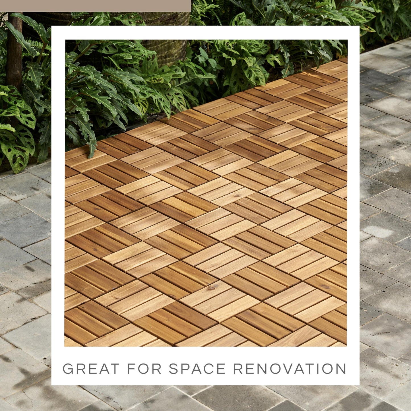 THYOI Premium Deck Tiles, Patio Flooring - Set 10 Pcs 12”x12”x0.9” Interlocking Deck Tiles, Waterproof Acacia Wood for Balcony, Backyard, Indoor & Outdoor (Golden Teak, Crossed Pattern, Square Joints)