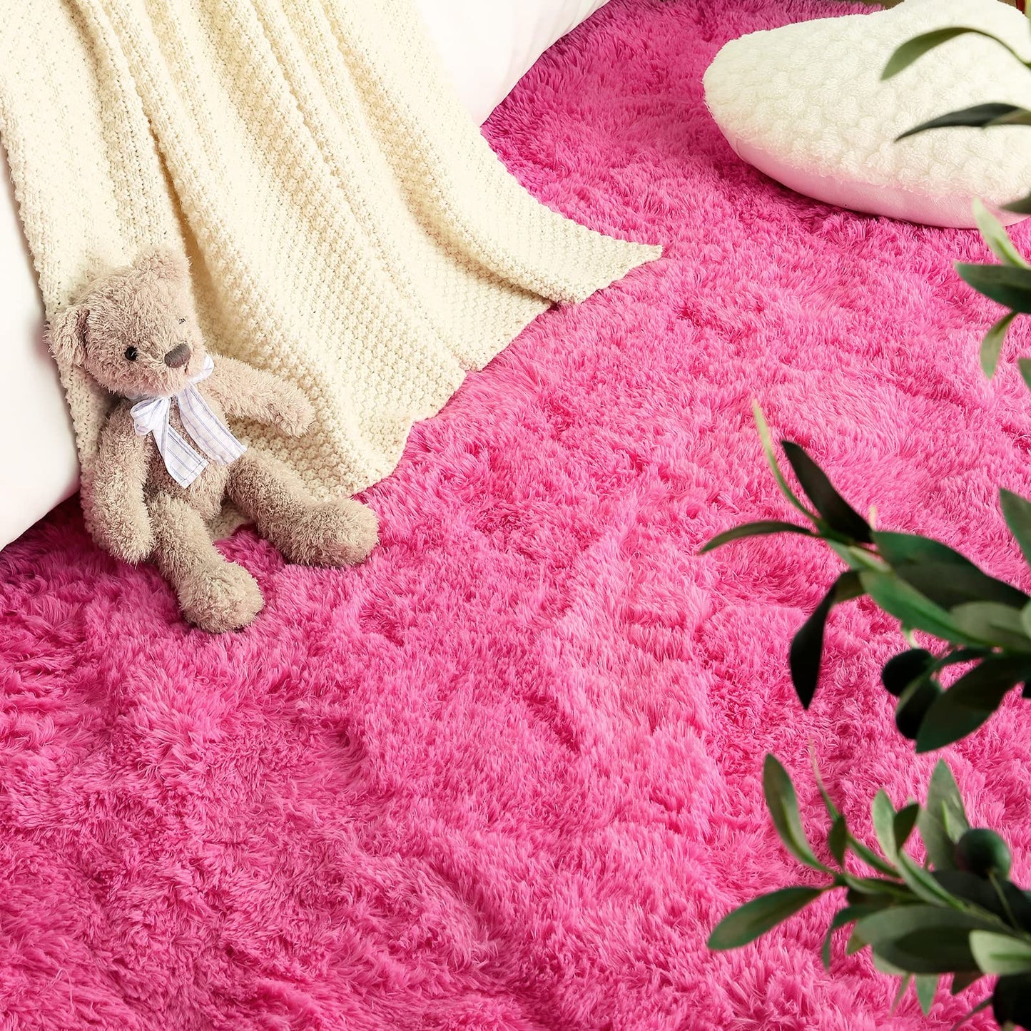 LOCHAS Bedroom Rug 2.6' x 5.3', Hot Pink Fluffy Shaggy Area Rug for Bedroom Bedside, Soft Oval Throw Rugs Carpet for Kids Girls Nursery Living Room Home Decor